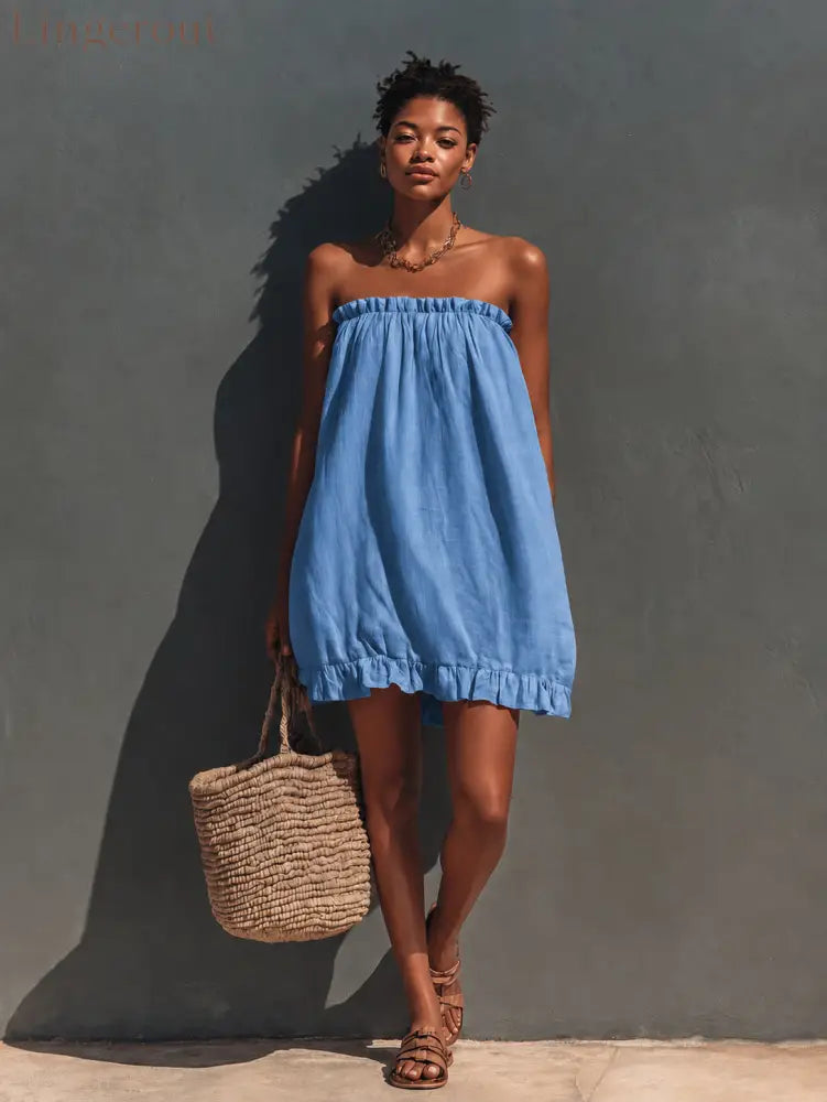 Linen Strapless Ruffle Trim Loose Tent Mini Dress - Peacock blue / S