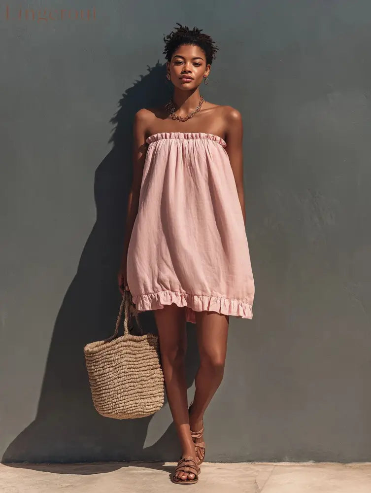 Linen Strapless Ruffle Trim Loose Tent Mini Dress - Pink / S