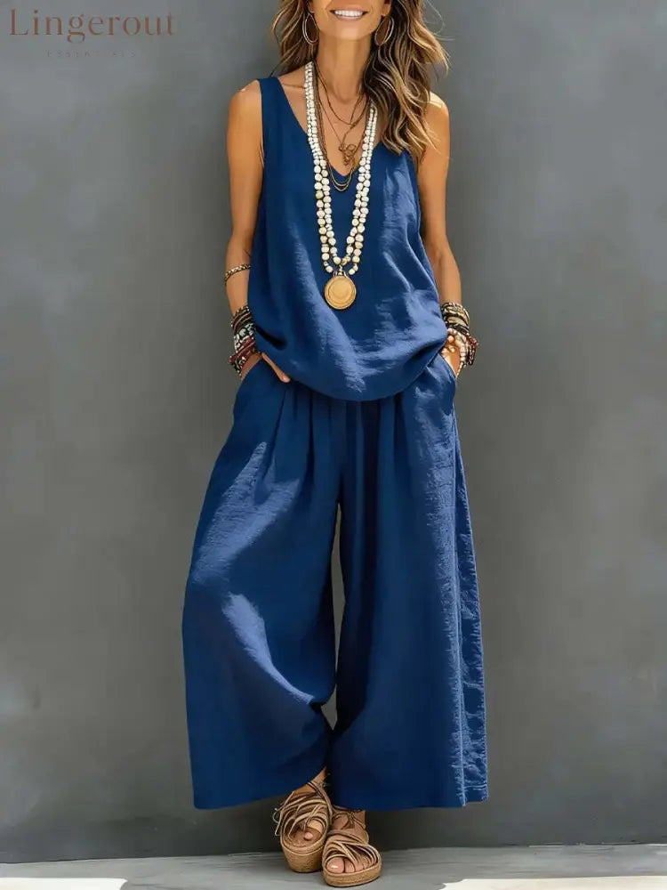 Linen V-neck Sleeveless Top And Wide Leg Pants Set - Blue / S