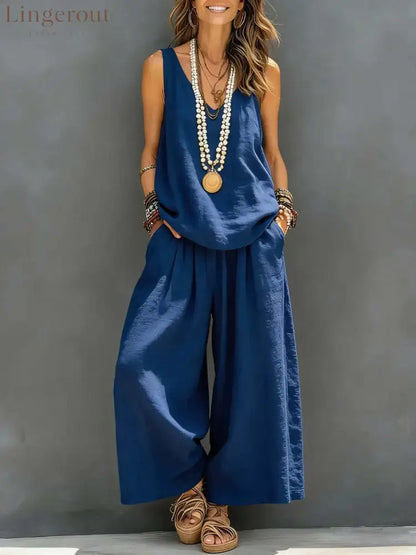 Linen V-neck Sleeveless Top And Wide Leg Pants Set - Blue / S