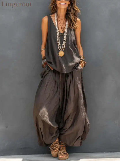 Linen V-neck Sleeveless Top And Wide Leg Pants Set - Dark brown / S