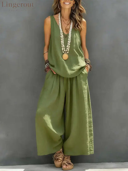 Linen V-neck Sleeveless Top And Wide Leg Pants Set - Green / S