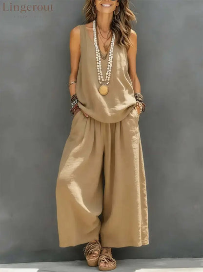 Linen V-neck Sleeveless Top And Wide Leg Pants Set - Khaki / S
