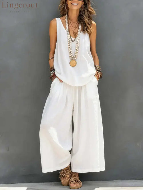 Linen V-neck Sleeveless Top And Wide Leg Pants Set - White / S