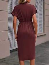 Robe midi décontractée pour femme, froncée, style streetwear, col V basique, manches courtes, disponible en noir, rose et vert foncé.