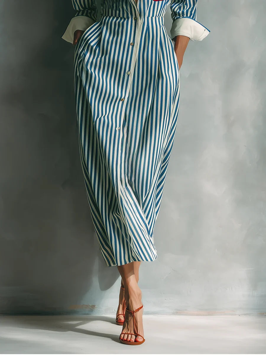 Blue White Vertical Stripe Contrast Red Pocket Midi Shirt Dress