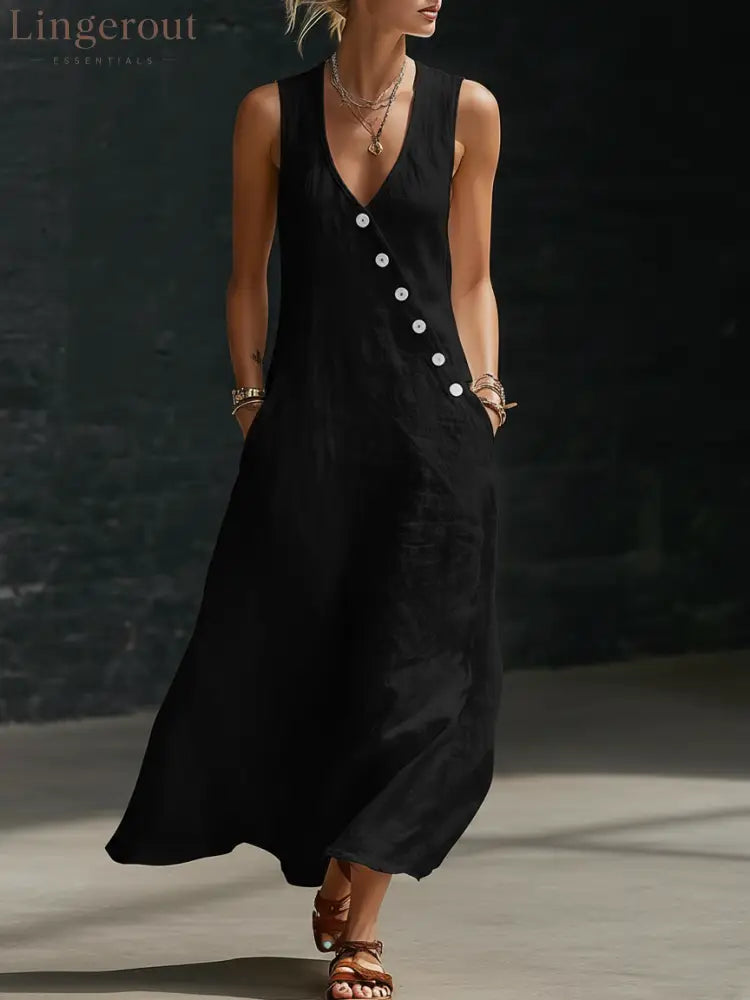 Minimalist And Cozy Button-up Dress - Black / S