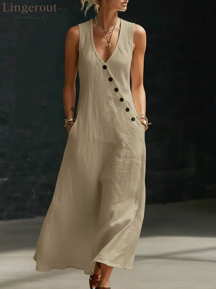 Minimalist And Cozy Button-up Dress - Khaki / S