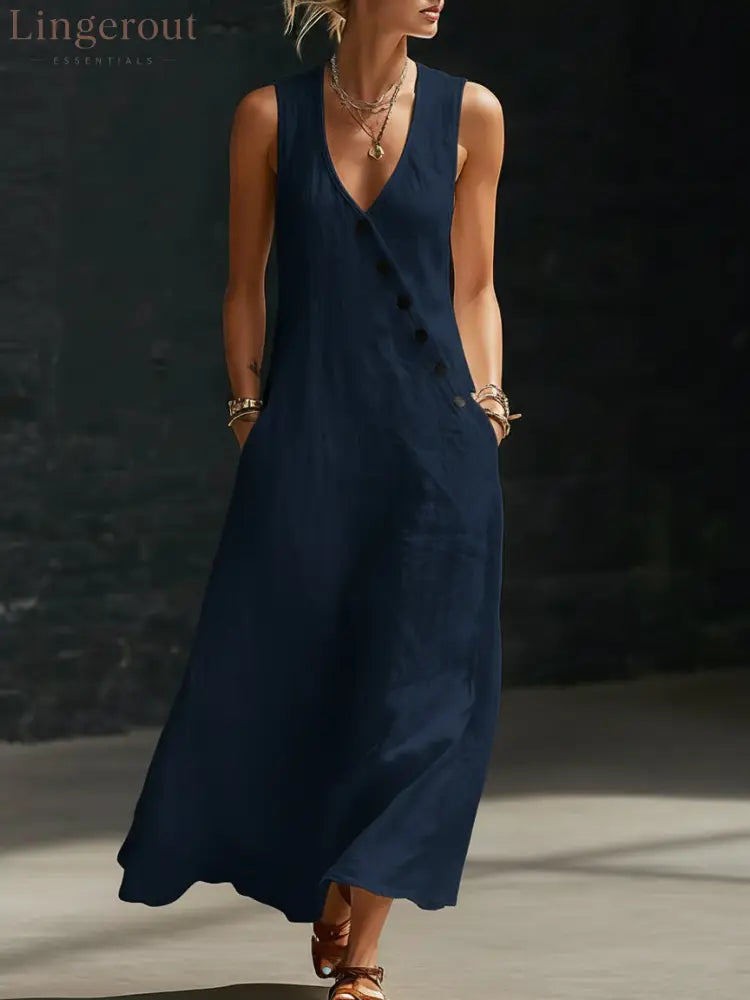 Minimalist And Cozy Button-up Dress - Navy / S