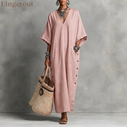 Natural Linen V-Neck Batwing Side Button Slit Maxi Kaftan Dress