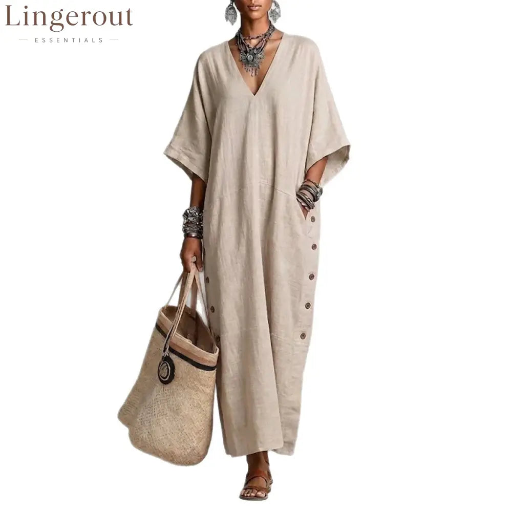 Natural Linen V-Neck Batwing Side Button Slit Maxi Kaftan Dress
