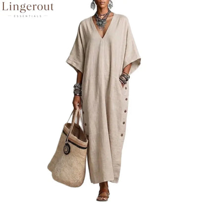 Natural Linen V-Neck Batwing Side Button Slit Maxi Kaftan Dress