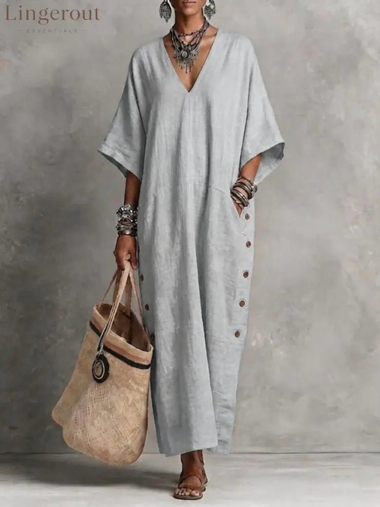 Natural Linen V-Neck Batwing Side Button Slit Maxi Kaftan Dress - Grey / S