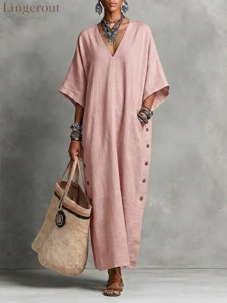 Natural Linen V-Neck Batwing Side Button Slit Maxi Kaftan Dress - Pink / S