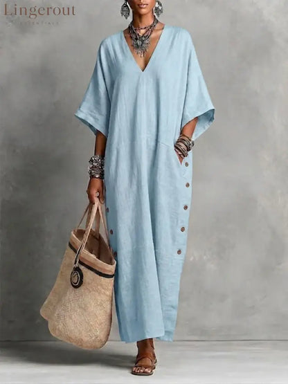 Natural Linen V-Neck Batwing Side Button Slit Maxi Kaftan Dress - Sky blue / S