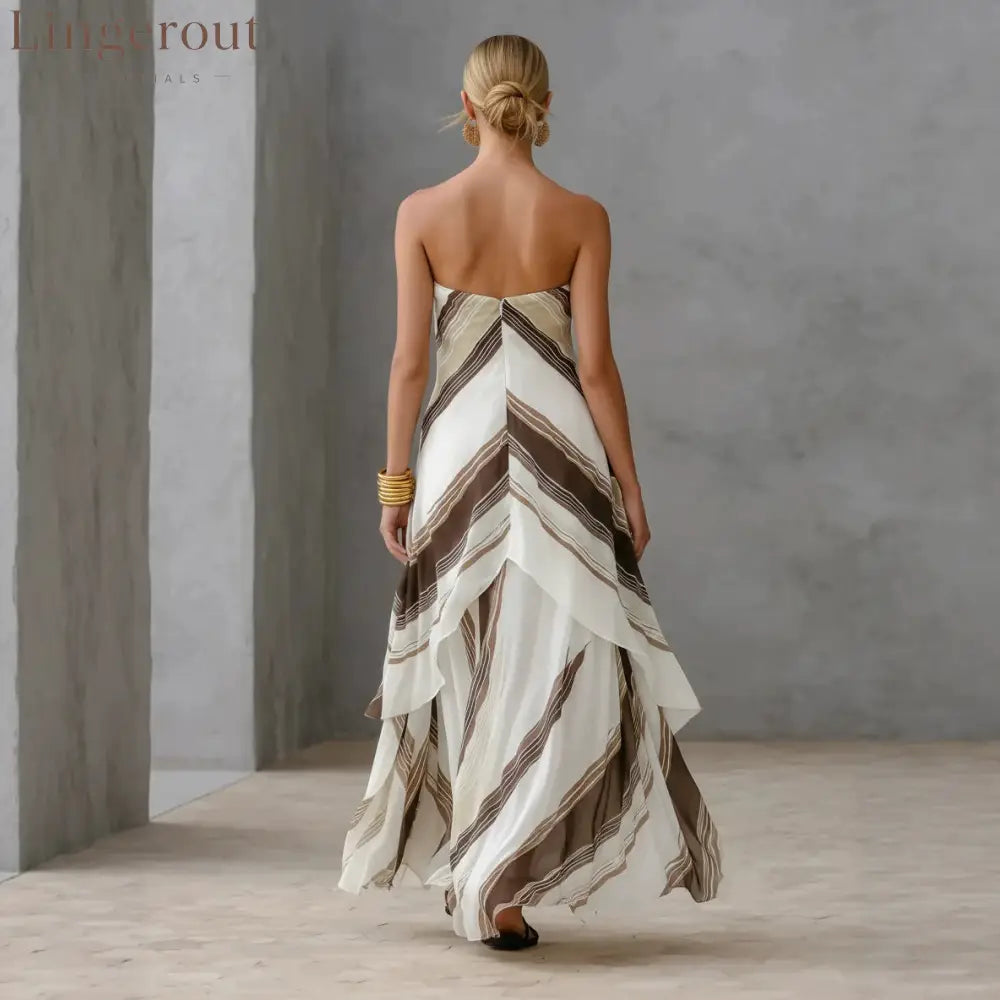 Neutral Diagonal Stripe Strapless Tiered Chiffon Maxi Dress