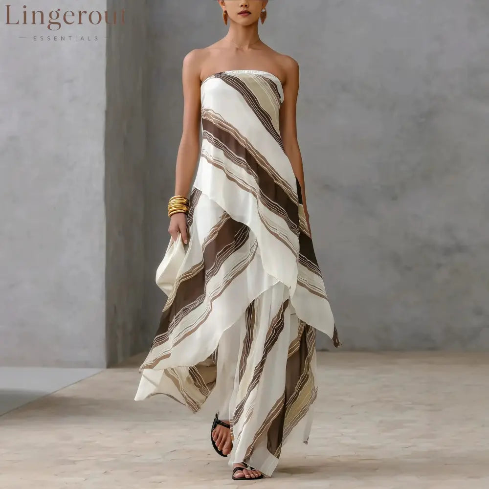 Neutral Diagonal Stripe Strapless Tiered Chiffon Maxi Dress
