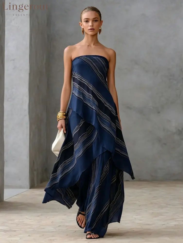 Neutral Diagonal Stripe Strapless Tiered Chiffon Maxi Dress - Navy blue / S