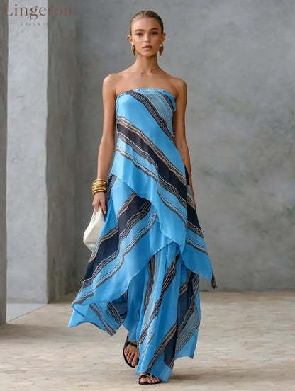 Neutral Diagonal Stripe Strapless Tiered Chiffon Maxi Dress - Sky blue / S