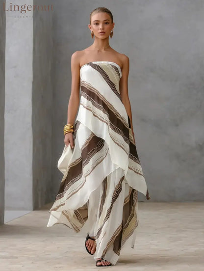 Neutral Diagonal Stripe Strapless Tiered Chiffon Maxi Dress - White / S