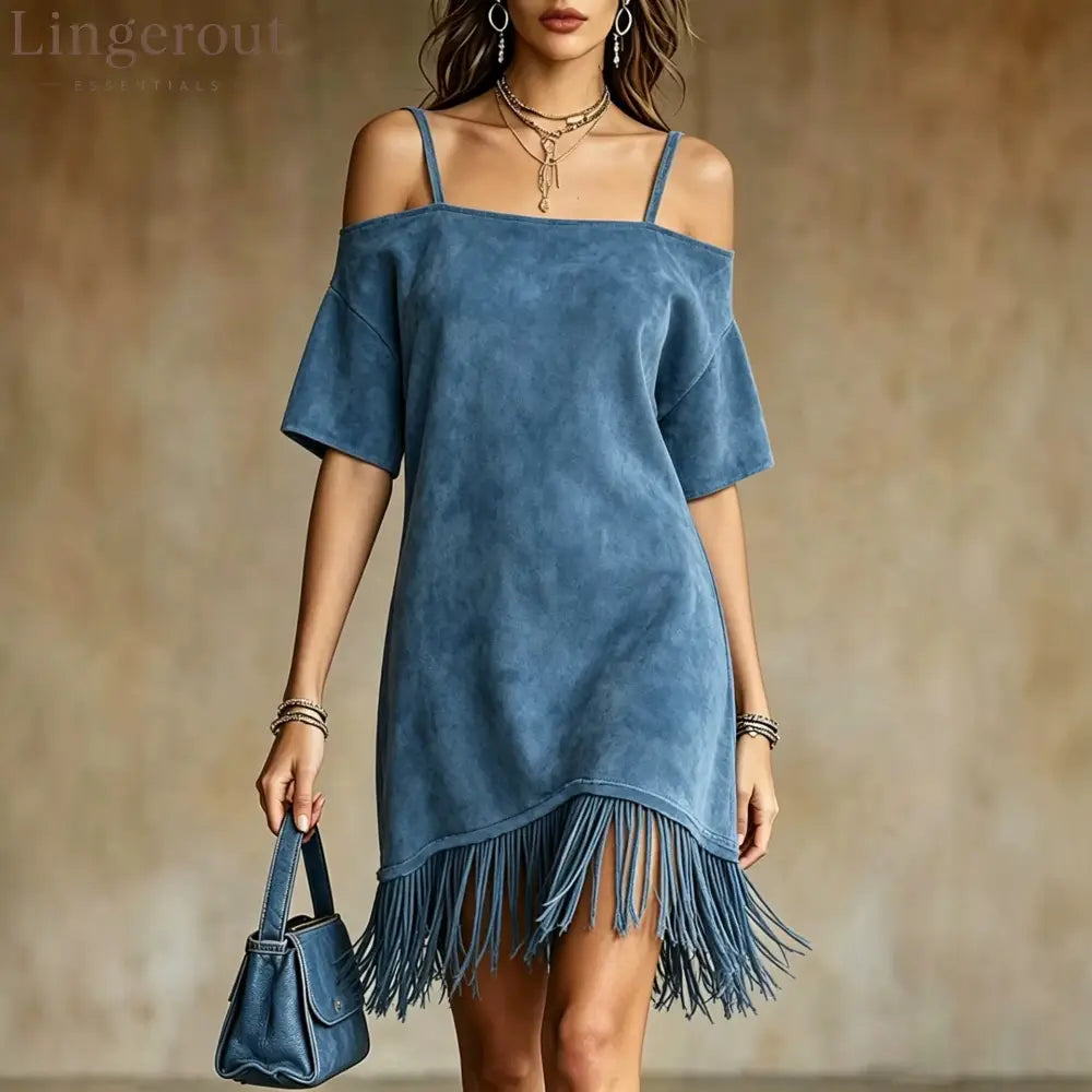 Off Shoulder Spaghetti Strap Suede Fringe Mini Dress