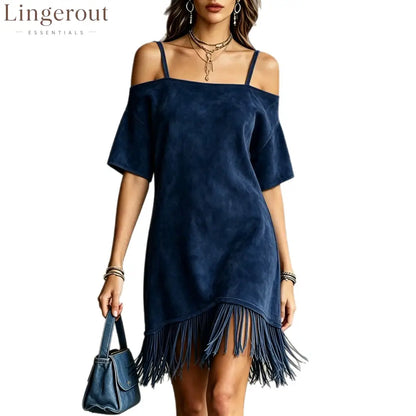 Off Shoulder Spaghetti Strap Suede Fringe Mini Dress