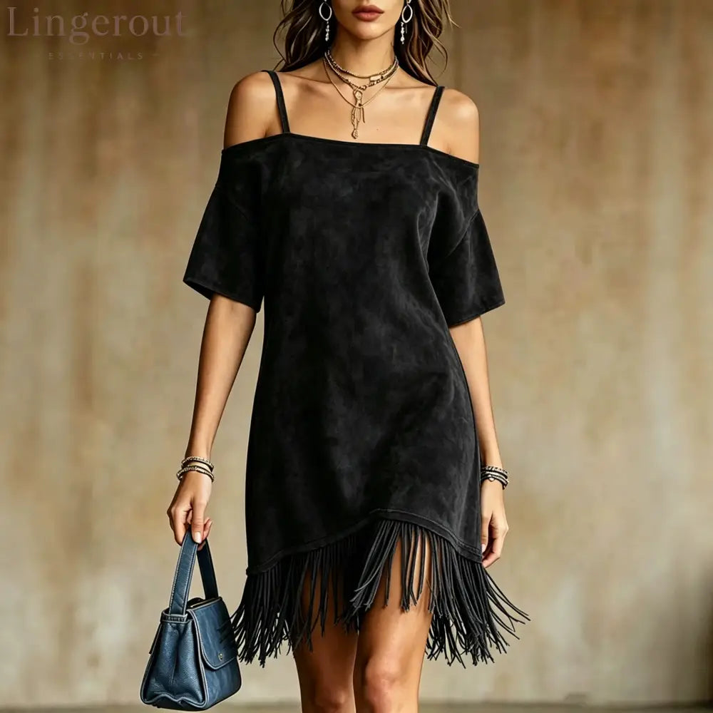 Off Shoulder Spaghetti Strap Suede Fringe Mini Dress
