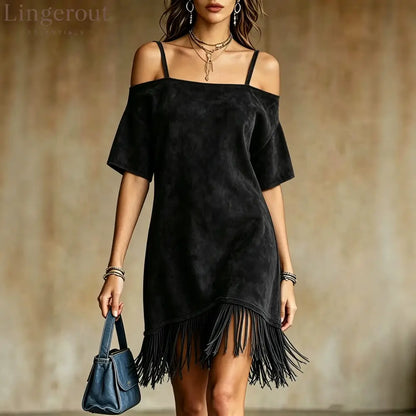 Off Shoulder Spaghetti Strap Suede Fringe Mini Dress