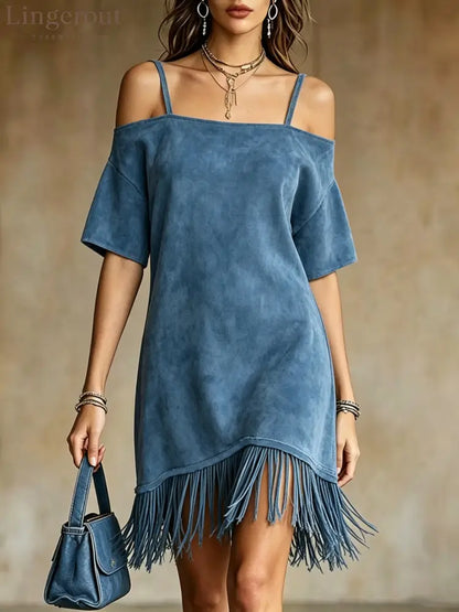 Off Shoulder Spaghetti Strap Suede Fringe Mini Dress - Blue / S