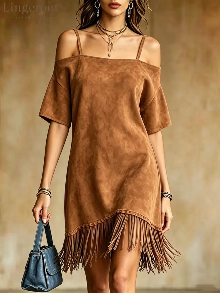 Off Shoulder Spaghetti Strap Suede Fringe Mini Dress - Brown / S