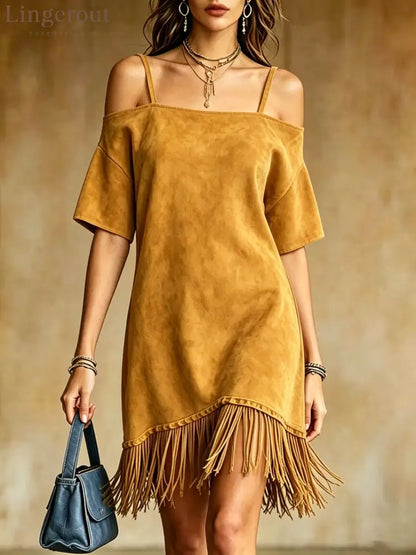 Off Shoulder Spaghetti Strap Suede Fringe Mini Dress - Gold / S