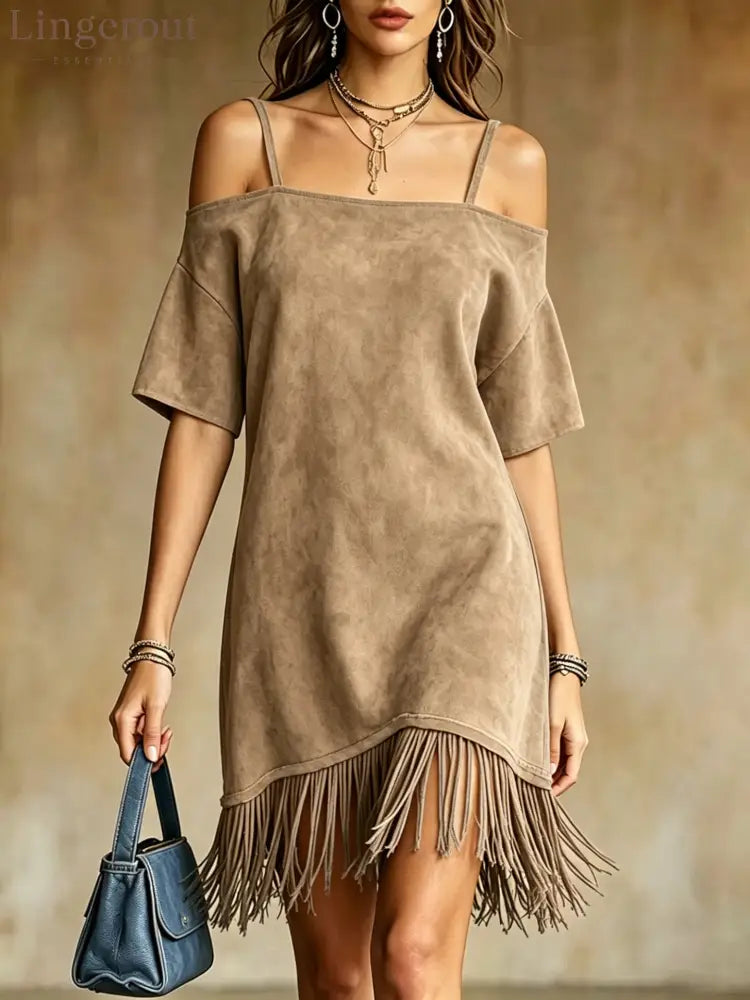 Off Shoulder Spaghetti Strap Suede Fringe Mini Dress - Khaki / S