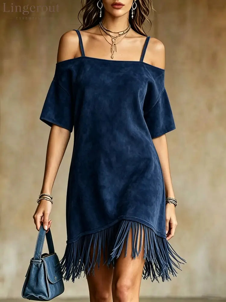 Off Shoulder Spaghetti Strap Suede Fringe Mini Dress - Navy blue / S