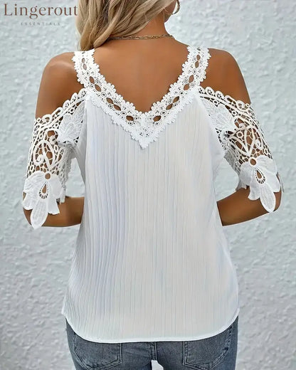 Off-The-Shoulder Lace Solid Color T-Shirt