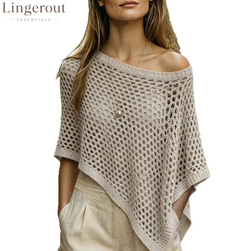 Open‑Knit Off‑Shoulder Asymmetric Poncho Sweater Top