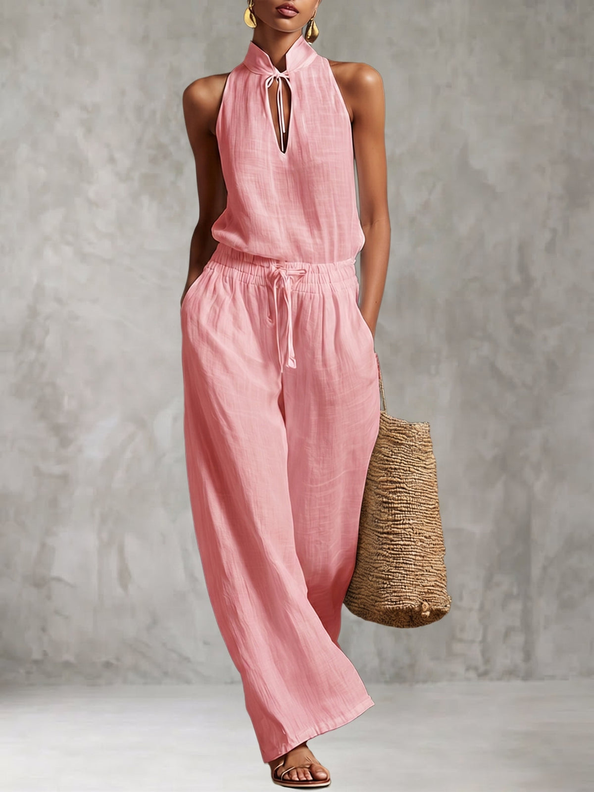 Urban Style Cotton And Linen Top And Wide-leg Pants Set