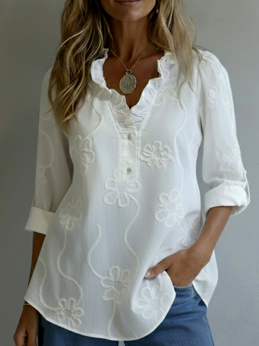 Chemise florale à col volant romantique rétro