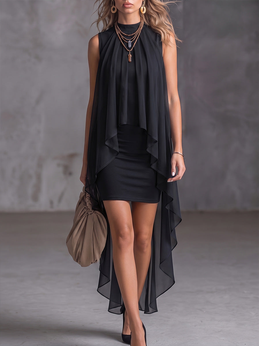 Sleeveless Mock Neck Chiffon Overlay Bodycon Dress
