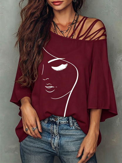 Abstract Face Line Art Crisscross Cold Shoulder Flare Sleeve Blouse