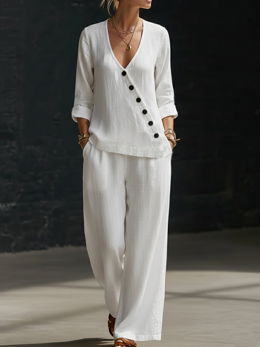 NOUVEAU🔥Ensemble deux‑pièces : chemise minimaliste à col V et pantalon à jambes larges
