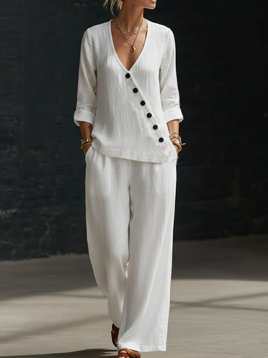 NOUVEAU🔥Ensemble deux‑pièces : chemise minimaliste à col V et pantalon à jambes larges
