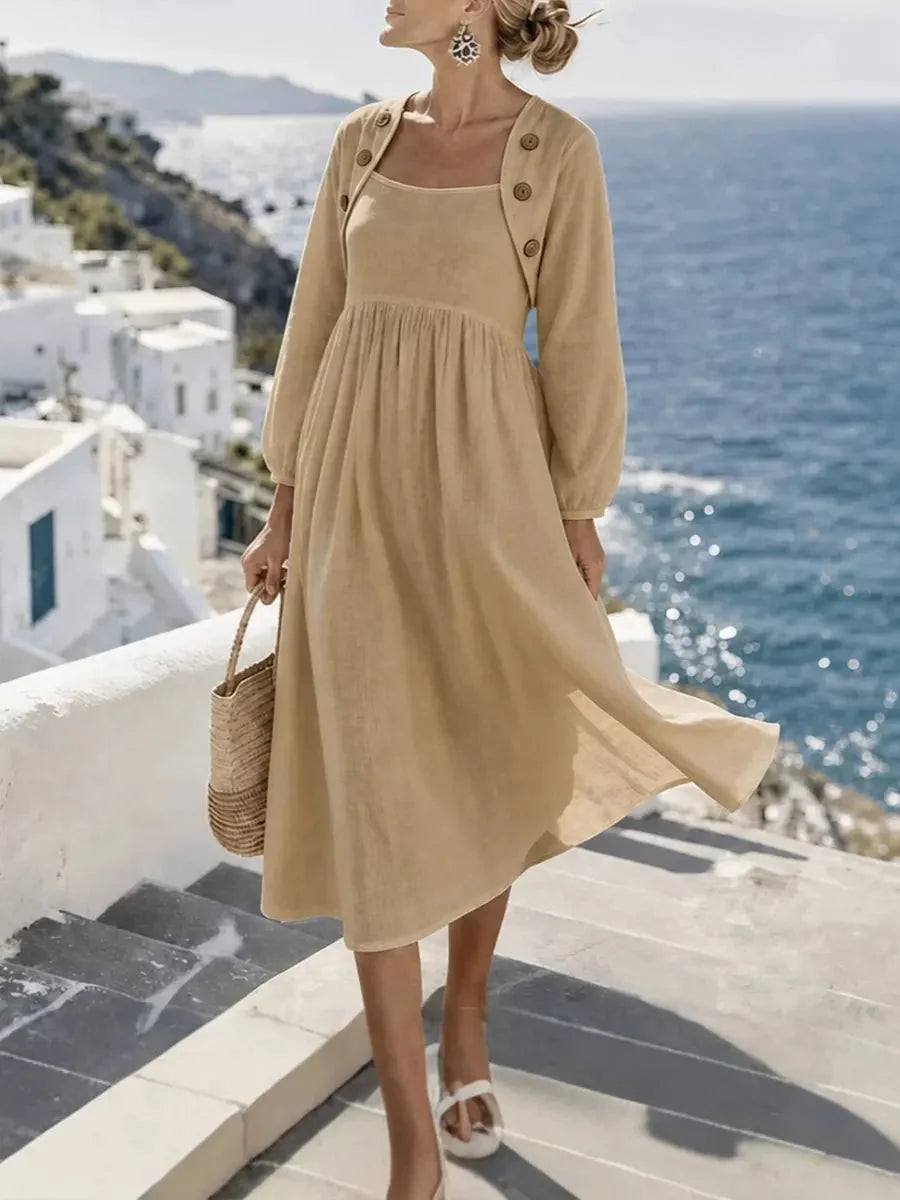 Sunny Coastal Linen-Blend Button-Detail Midi Dress