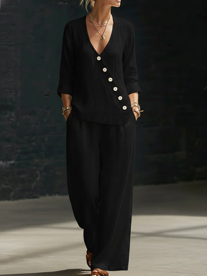 NOUVEAU🔥Ensemble deux‑pièces : chemise minimaliste à col V et pantalon à jambes larges