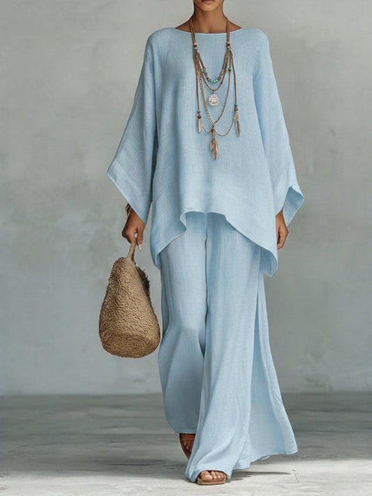 Ensemble deux pièces pour femme : haut confortable et ample en lin et coton et pantalon à jambes larges.