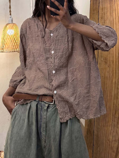 Women's Solid Color V-neck 3/4 Sleeve Casual Loose Embroidered Cotton-linen Top