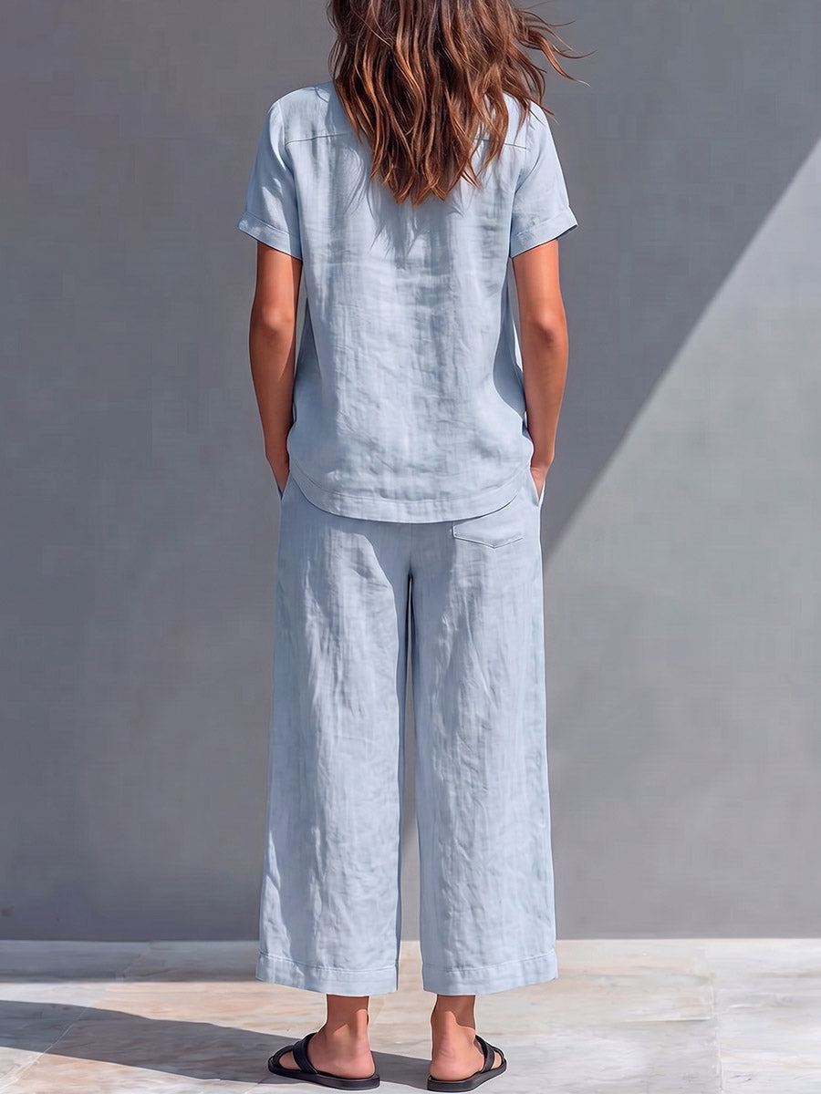 Women's Solid-color Cotton-linen Set: Loose-fit Short-sleeve Crew-neck Top & High-waisted Wide-leg Pants