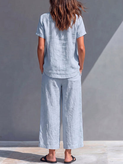 Women's Solid-color Cotton-linen Set: Loose-fit Short-sleeve Crew-neck Top & High-waisted Wide-leg Pants