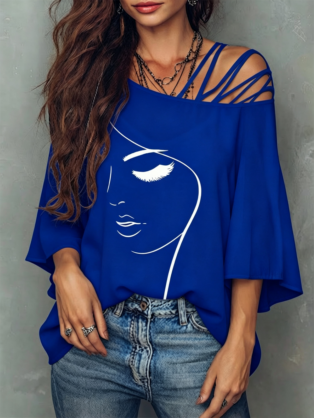 Abstract Face Line Art Crisscross Cold Shoulder Flare Sleeve Blouse