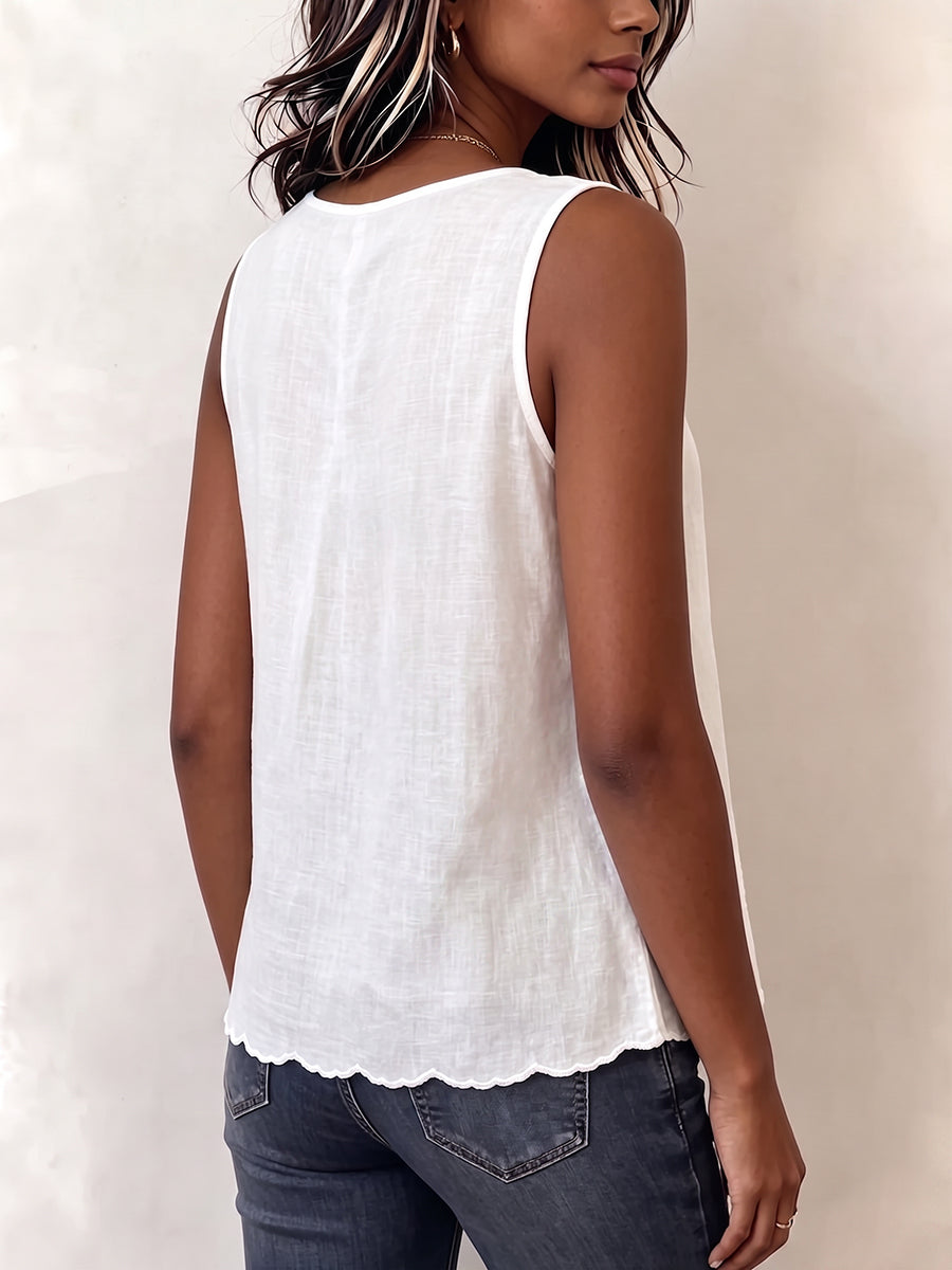 Vintage Floral Embroidered V-neck Cotton-linen Vest