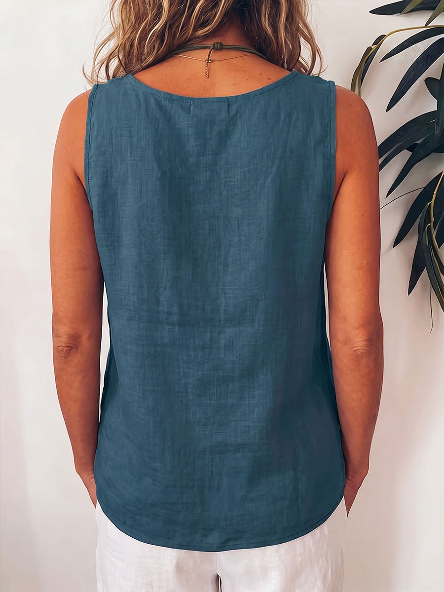 Women's Solid Color Round Neck Sleeveless Casual Loose Cotton-linen Top
